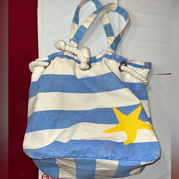Barnes and Noble BLUE Stripe Canvas book BAG BEACH TOTE. yellow STAR, 19” X 13” - Picture 13 of 15
